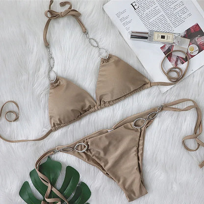 Halter Diamond Bikini Women Swimsuit Female Metal Chains Swimwear Two Pieces Bikini set Brazilian Bather Bathing Suit Swim