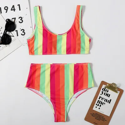 Striped Swimwear Women Push Up High Waist Bikini Halter Bikini Set Hollow Out Print Bathing Suit Two Piece Swimsuit