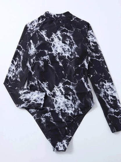 Marble Design Blue Black White Print Color One-Piece Swimsuit Long Sleeve Swimwear Sports Women's Swimming Bathing Suit Beach Bather Surfing Swim Wear