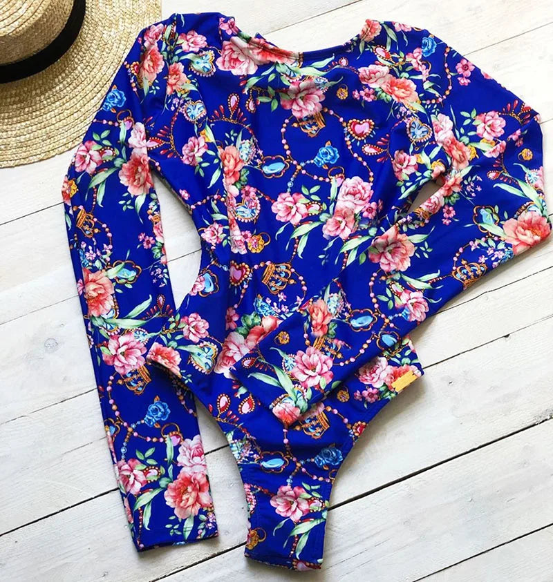 Surfing Sport Long Sleeves Swimsuit For Women Floral Printed High Quality Swimwear Patchwork Bathing Suit Tropical Summer