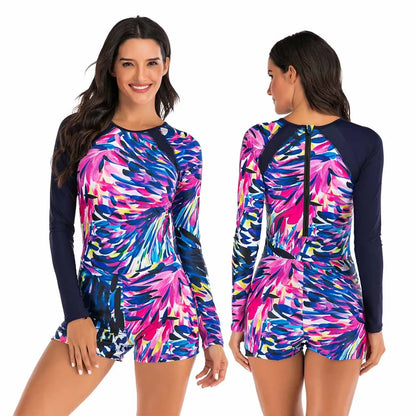 Female One-piece Wetsuit Long Sleeve Swimsuit Surfing Swimwear Women Jumpsuit Zip Front Swimsuit Diving Snorkeling Rash guard 2XL