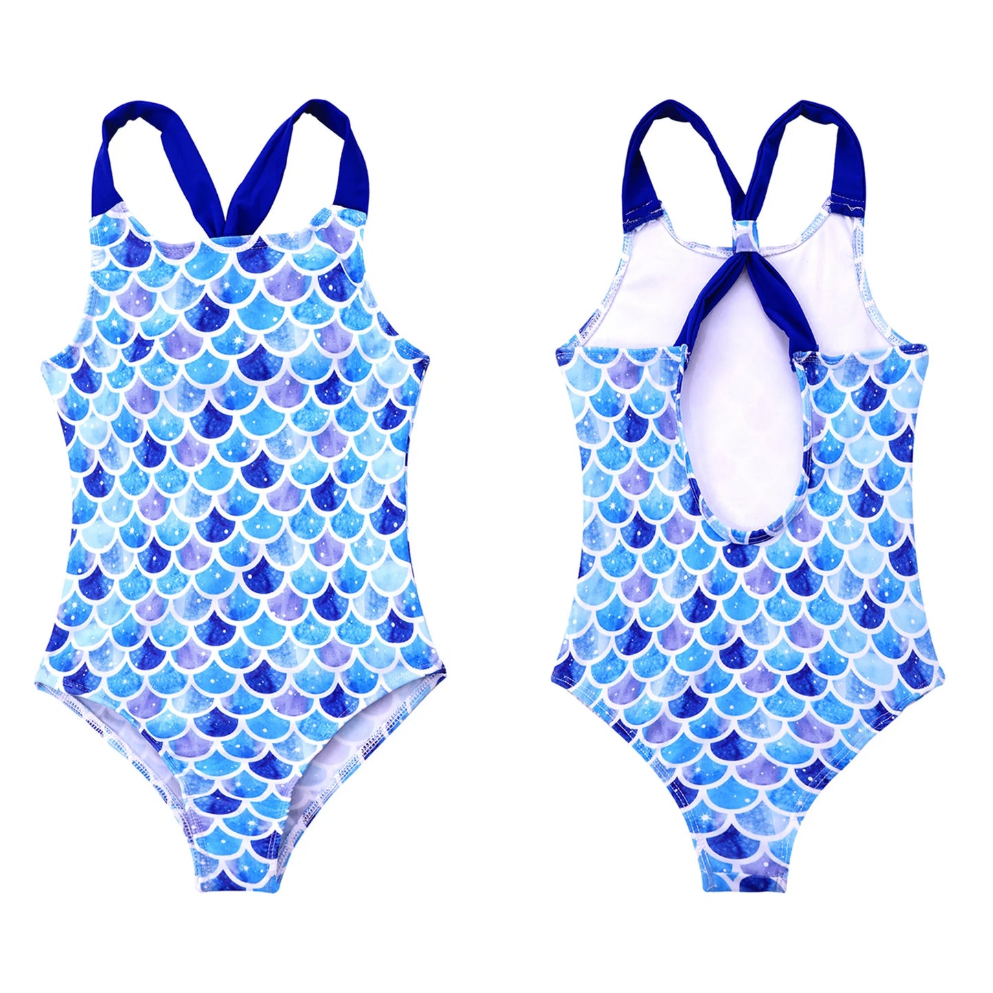 Girls Printed Swimsuit One-Piece Sleeveless Wide Shoulder Straps Sapphire for with Horse And Stars Pattern Printing