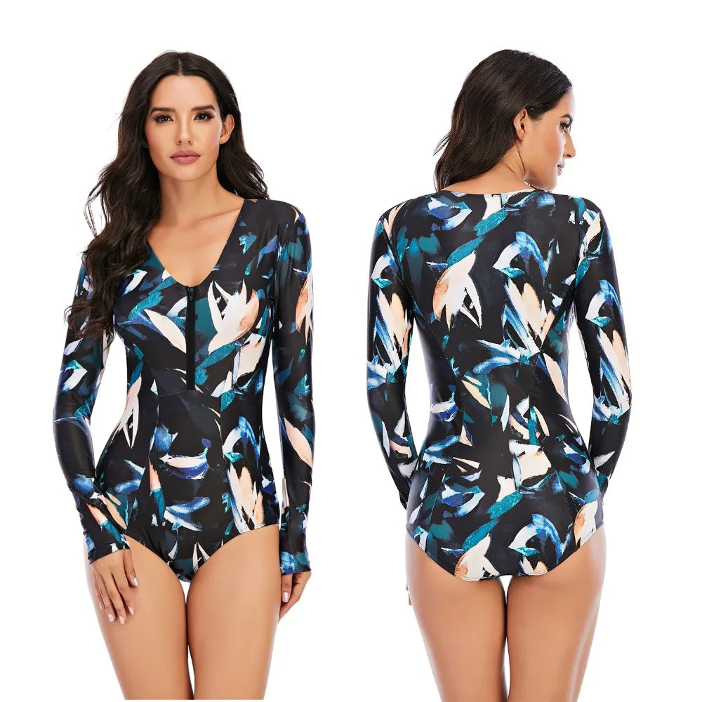Women 2XL Diving Rashguard Long Sleeve UV Sun Protection Swimsuit Zipper Swimwear Printed Surfing Suit Rash Guards Bathing Suit