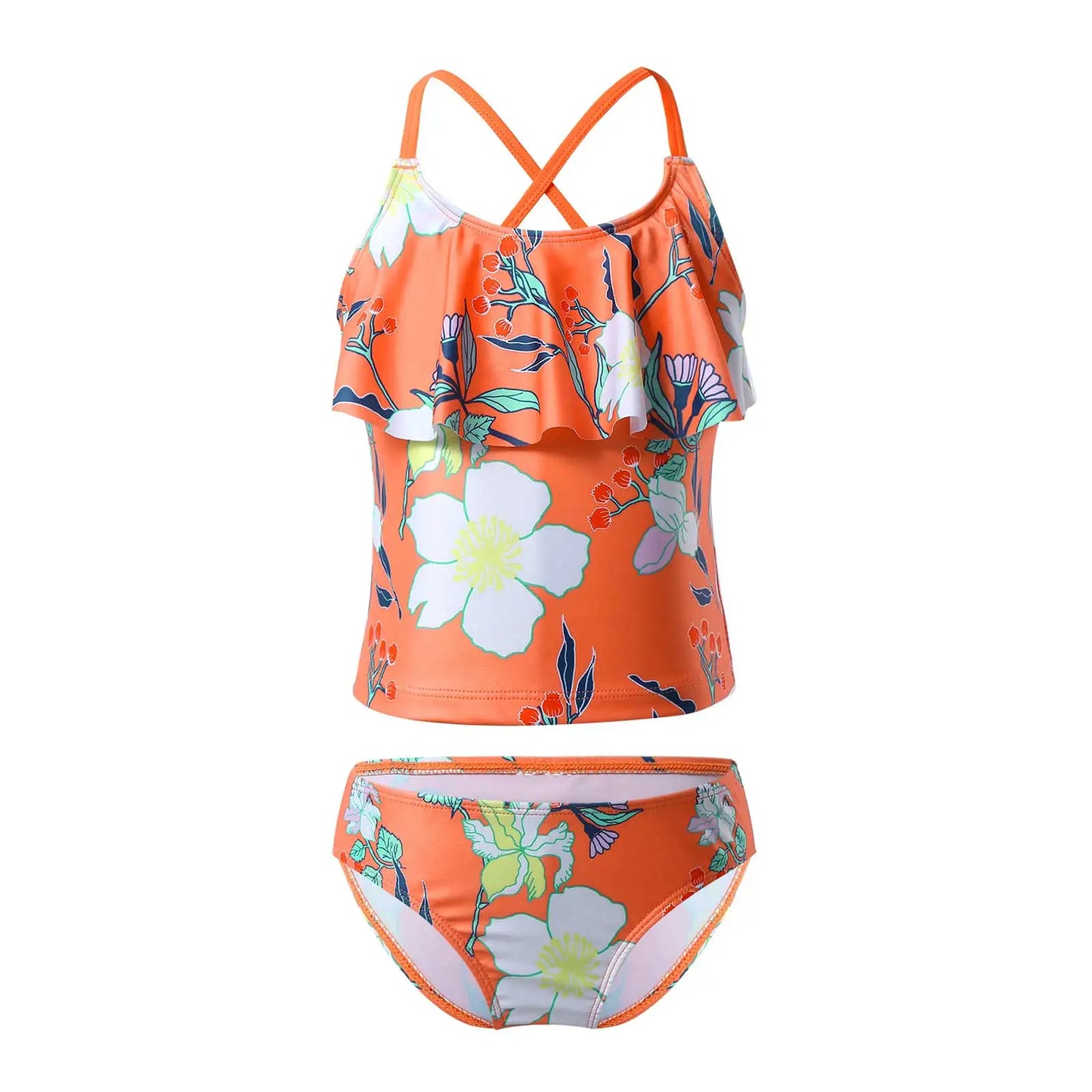 Kids Girls Swimwear Ruffle Neck Floral Pattern Tankini Swimsuit Swimwear Bathing Suit Set Tops with Bottoms Beach Bathing Suit