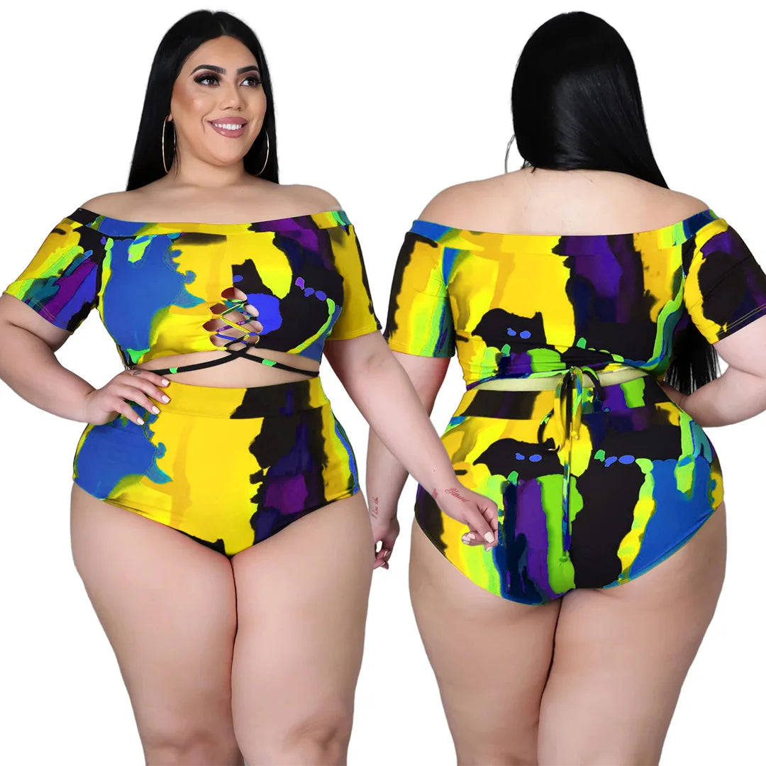 XL-5XL Plus Size two piece Bikini set Swimsuit summer printing Bandage top and shorts outfits women