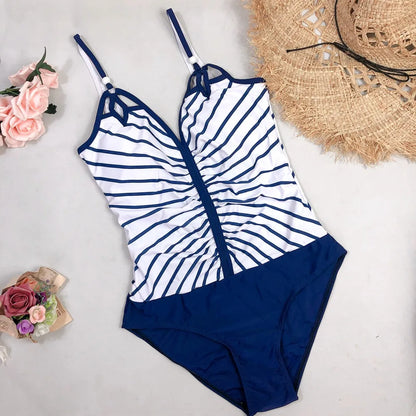 Vintage Swimsuit Women Plus Size One Piece Swimwear Deep V Striped Backless Bathing Suit Tummy Control Monokini Beach