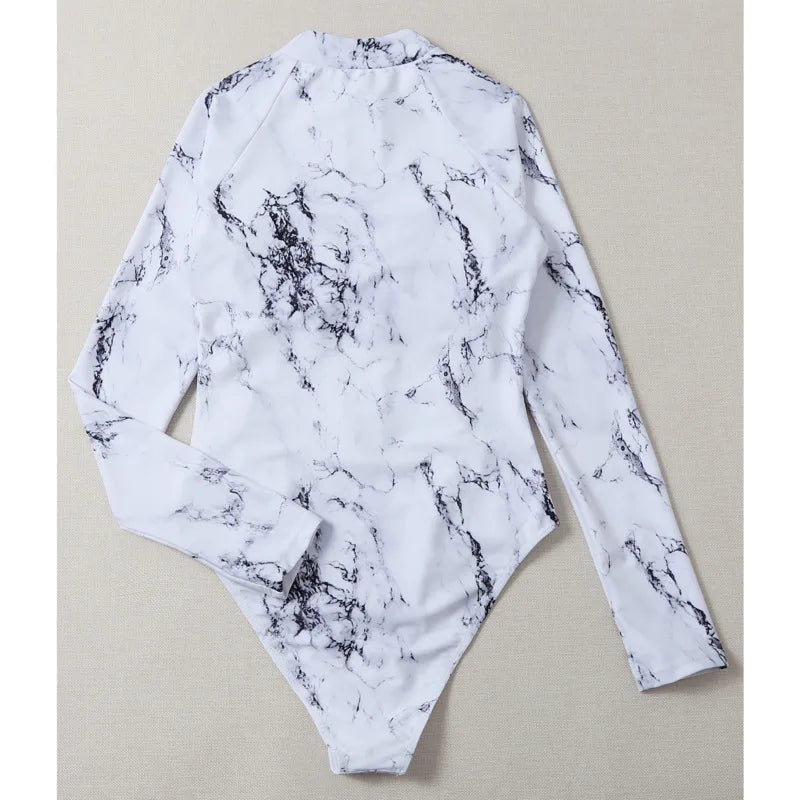 Marble Design Blue Black White Print Color One-Piece Swimsuit Long Sleeve Swimwear Sports Women's Swimming Bathing Suit Beach Bather Surfing Swim Wear