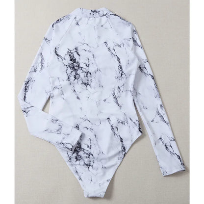 Marble Design Blue Black White Print Color One-Piece Swimsuit Long Sleeve Swimwear Sports Women's Swimming Bathing Suit Beach Bather Surfing Swim Wear