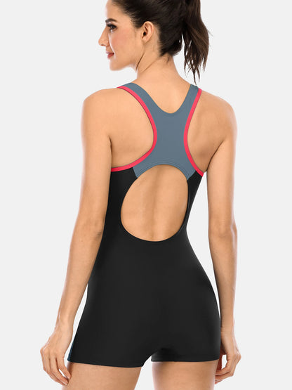 Attraco One Piece Women Sports Swimwear Sports Swimsuit Colorblock Swimwear Open Back Beach Wear Sports Bathing Suits