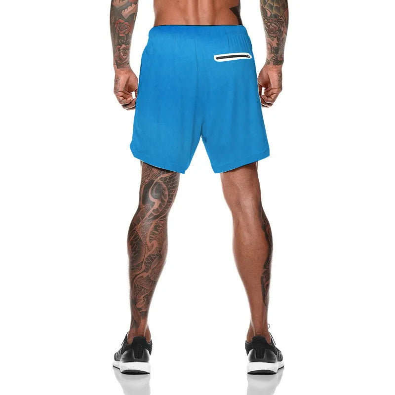 European Men's Sports Summer Double Layer Mobile Phone Pants Gym Exercise Jogging Training Shorts