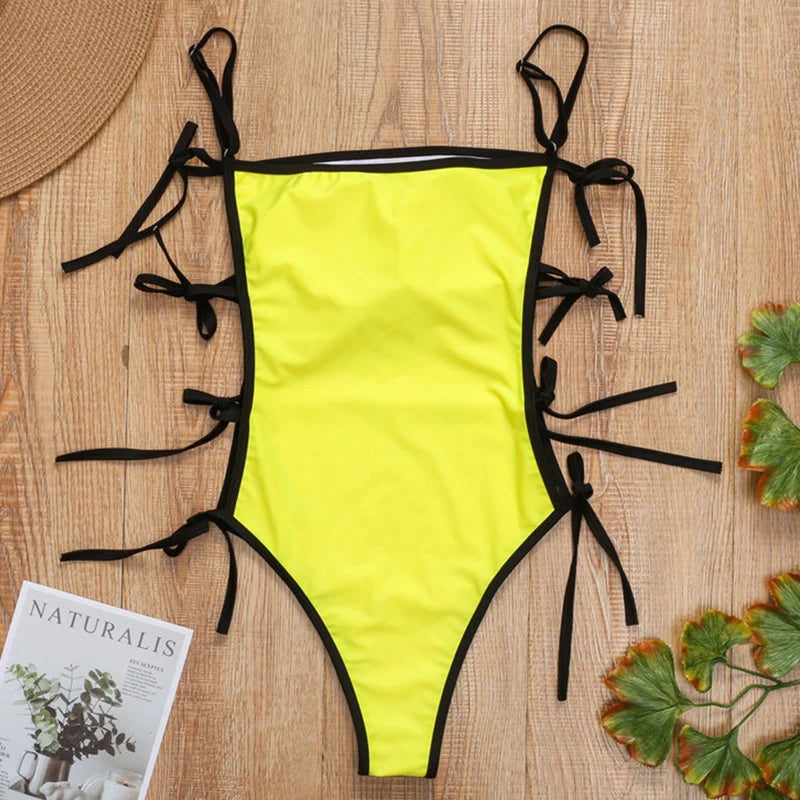 Tie Side High Cut Female Bandeau Swimwear One Piece Swimsuit Women Monokini Bather Bathing Suit Swim Beachwear Bodysuit