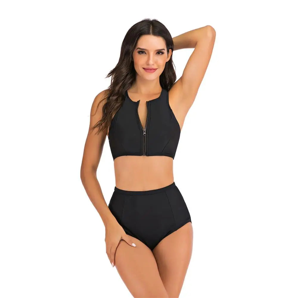 Womens Zip Front High Cut High Waist Bikini Set Racerback Sport Two Piece Swimsuits Bathing Suit Tummy Control Swimwear