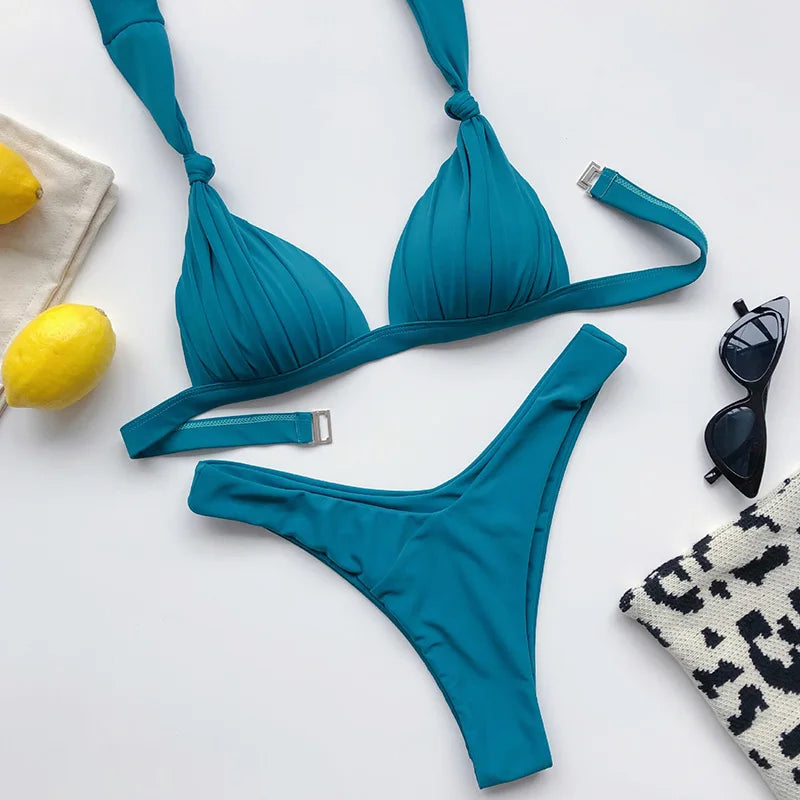 Halter Bra Cup Bikini Swimsuit Female White Swimwear Women Push up Bikini set Brazilian Bathing Suit Bandeau Swim suit