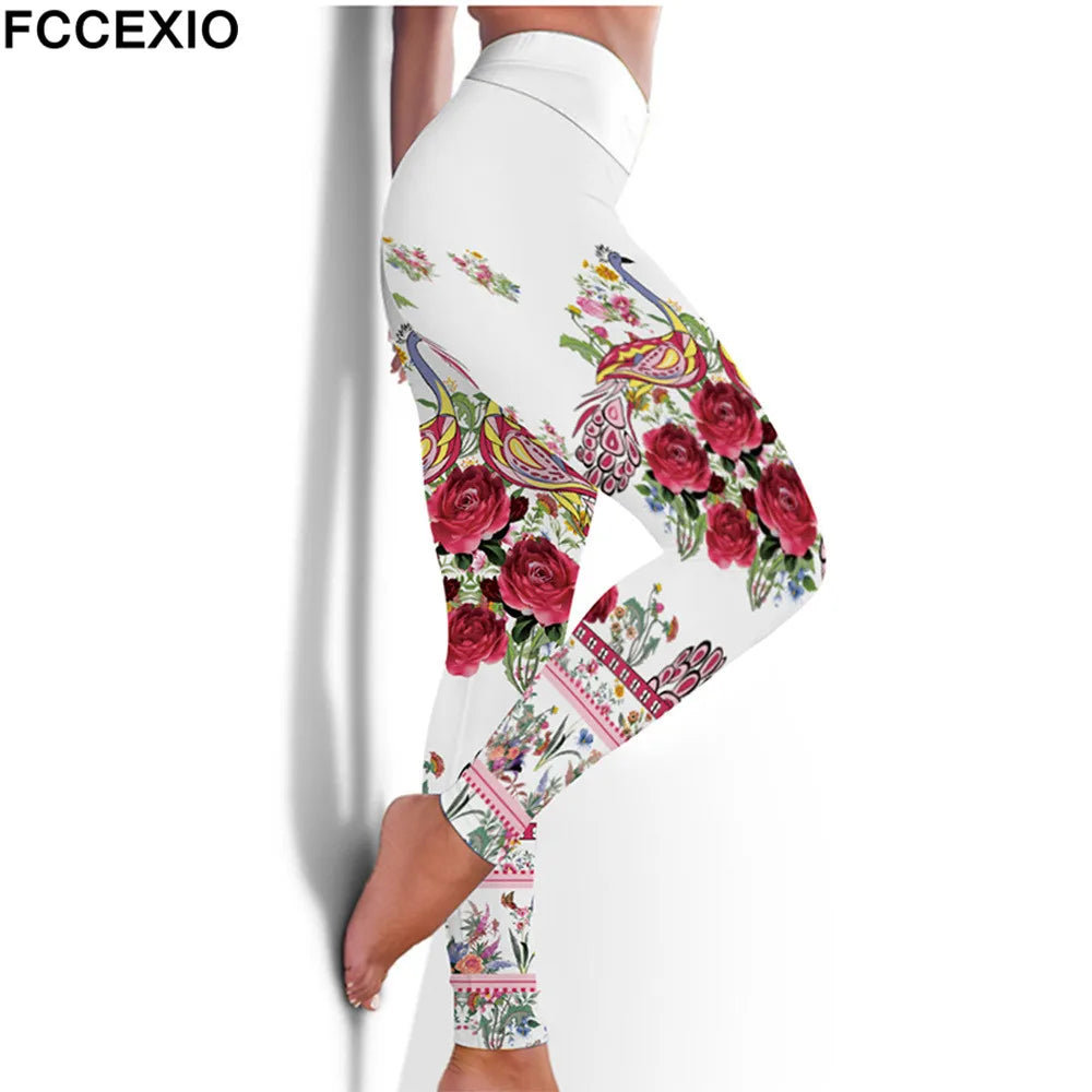 FCCEXIO High Waist Fitness Elastic Leggings Ink Painting Flowers 3D Print Leggins Casual Workout Sport Pants