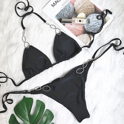 Halter Diamond Bikini Women Swimsuit Female Metal Chains Swimwear Two Pieces Bikini set Brazilian Bather Bathing Suit Swim