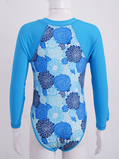 Summer Swimming One-piece Kids Girls Swimsuit Rash Guard Long Sleeves Palm Printed Zippered Bathing Suit Swimwear Beach Wear