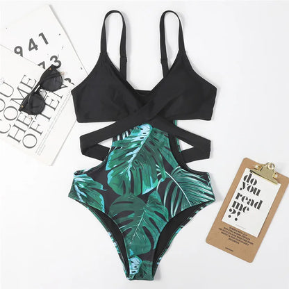 Leaf Print Design Swimwear Women One Piece Swimsuit Bathers
