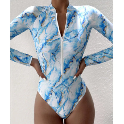 Marble Design Blue Black White Print Color One-Piece Swimsuit Long Sleeve Swimwear Sports Women's Swimming Bathing Suit Beach Bather Surfing Swim Wear