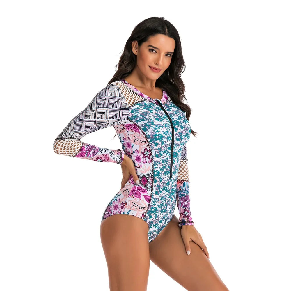 Female One-piece Wetsuit Long Sleeve Swimsuit Surfing Swimwear Women Jumpsuit Zip Front Swimsuit Diving Snorkeling Rash guard 2XL