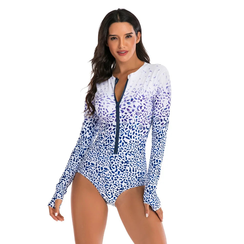 Female One-piece Wetsuit Long Sleeve Swimsuit Surfing Swimwear Women Jumpsuit Zip Front Swimsuit Diving Snorkeling Rash guard 2XL