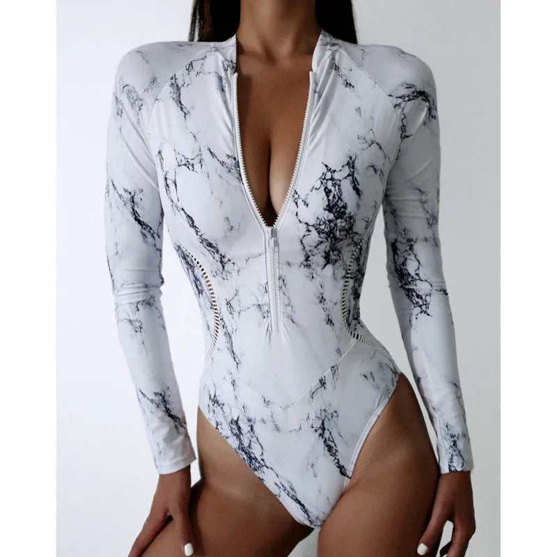 Marble Design Blue Black White Print Color One-Piece Swimsuit Long Sleeve Swimwear Sports Women's Swimming Bathing Suit Beach Bather Surfing Swim Wear