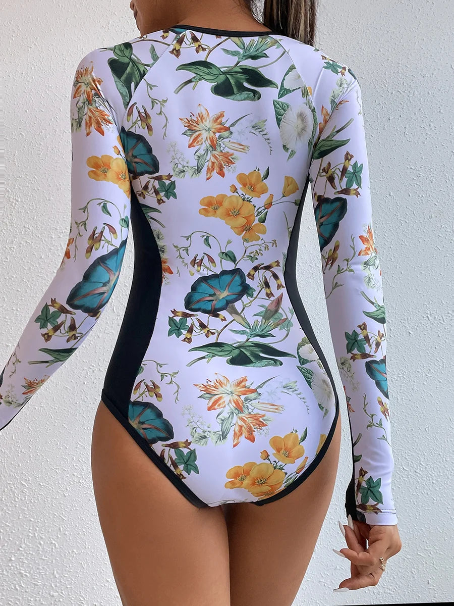 One-Piece Swimsuit For Sports Surfing Long Sleeve Swimwear Women's Bodysuit Swimming Bathing Suit Beachwear Pool Bather