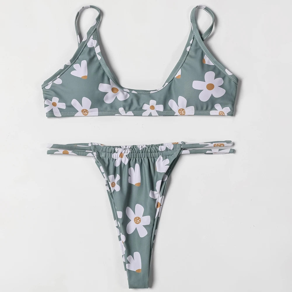 Swimwear Women Floral Print Sexy Bikini Straps Padded Bra Low Waist Swimsuit Female Bathers