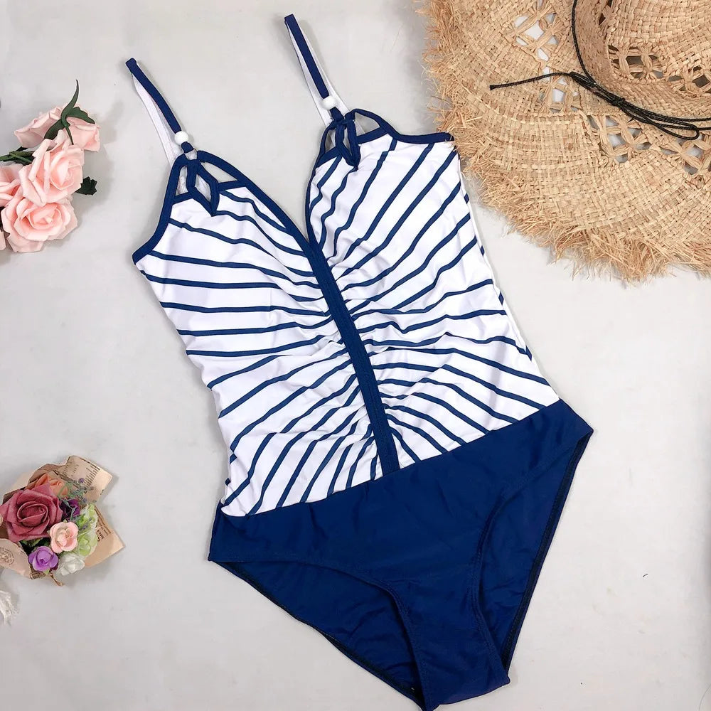 Vintage Swimsuit Women Plus Size One Piece Swimwear Deep V Striped Backless Bathing Suit Tummy Control Monokini Beach