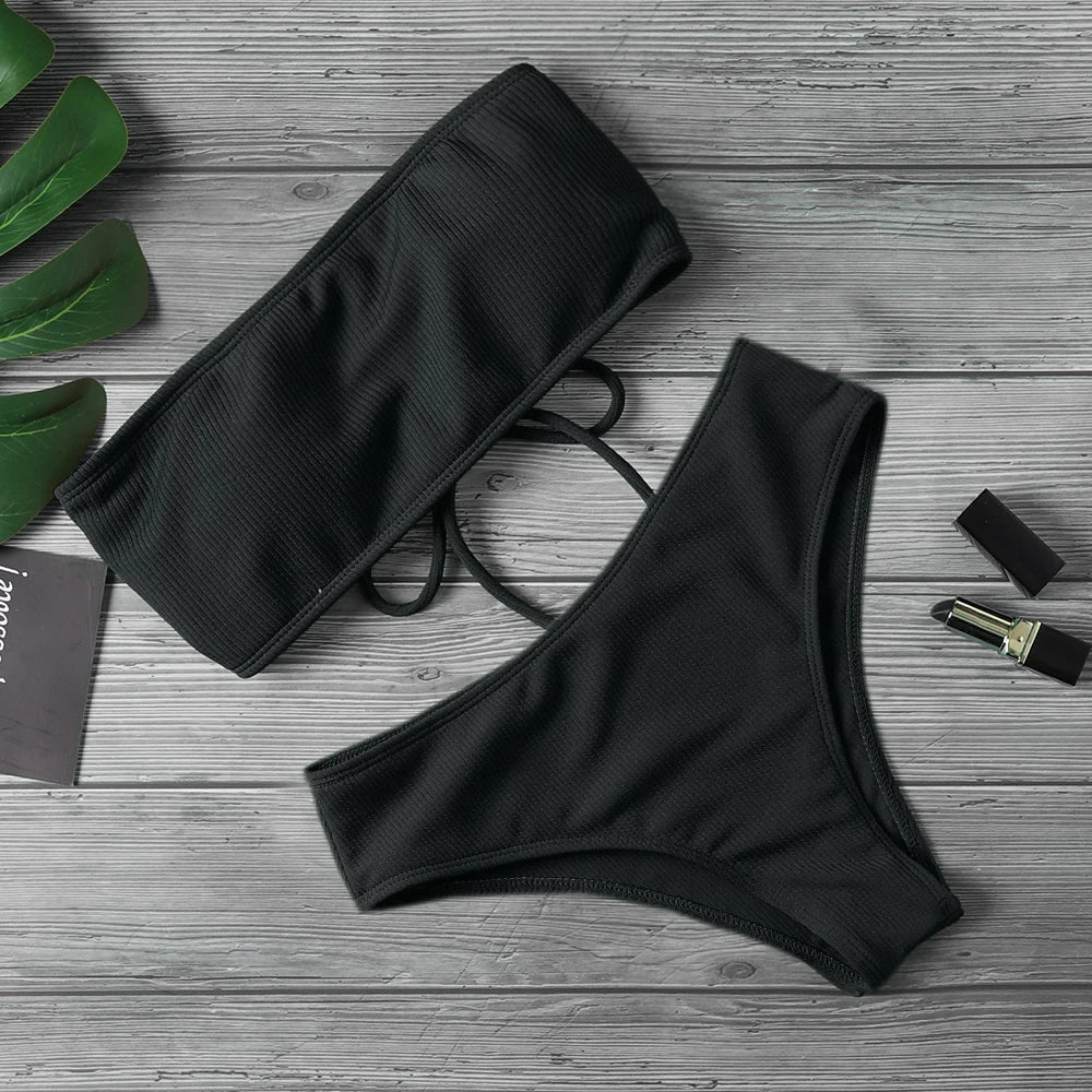 Bikini Women Swimwear High Waist Strapless Bikini Pure Color Women Swimsuit Padded Bathing Suit