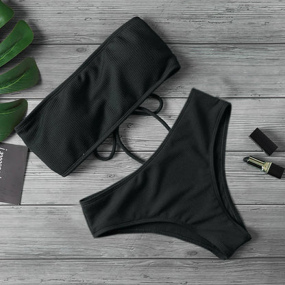Bikini Women Swimwear High Waist Strapless Bikini Pure Color Women Swimsuit Padded Bathing Suit