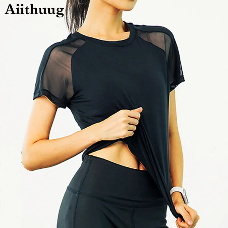 Aiithuug Short Sleeve Workout Tops for Women Stretchy Slim Fit Running Sports Shirts Dry Fit Mesh Yoga Gym Top  Fit T-Shirt