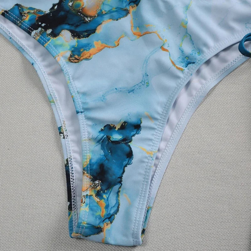 Marble Print One Shoulder Women Swimwear One Piece Swimsuit Female Monokini Bather High Cut Out Bathing Suit Swim