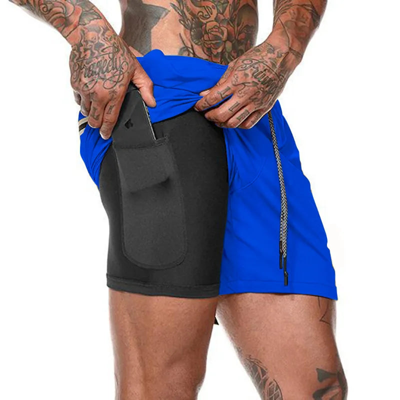 European Men's Sports Summer Double Layer Mobile Phone Pants Gym Exercise Jogging Training Shorts