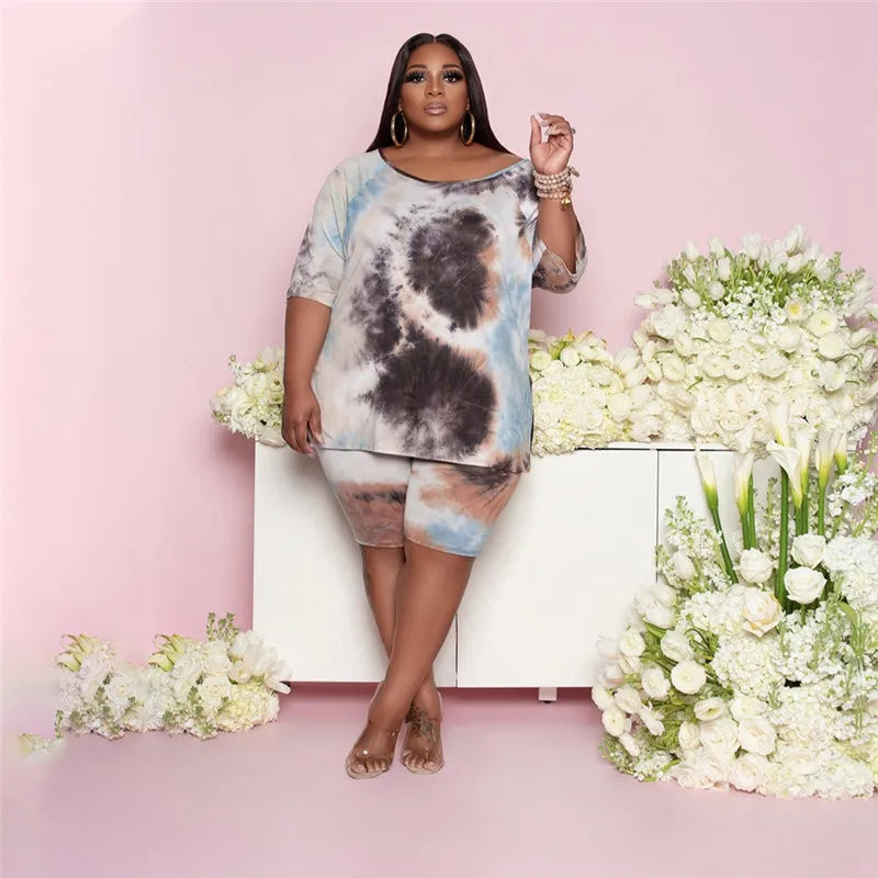 Plus Size Two Piece Set Women Wholesale Shorts Sets Tie Dye Casual Tshirt Crop Top and Short Pants Summer Tracksuit