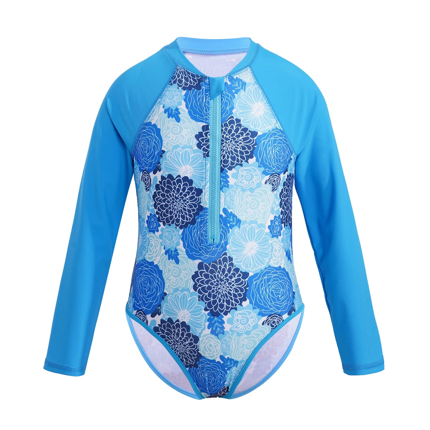 Kids Girls One-piece Swim Suits Brazilian Beachwear Long Sleeves Palm Printed Zippered Swimsuit Swimwear Bathing Suit Rash Guard