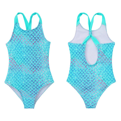 Girls Printed Swimsuit One-Piece Sleeveless Wide Shoulder Straps Sapphire for with Horse And Stars Pattern Printing