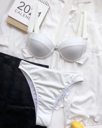 Ribbed Bra Cup High Waist Bikini Women Swimsuit Female Swimwear Two Pieces Bikini set Push Up Bather Bathing Suit Swim Lady