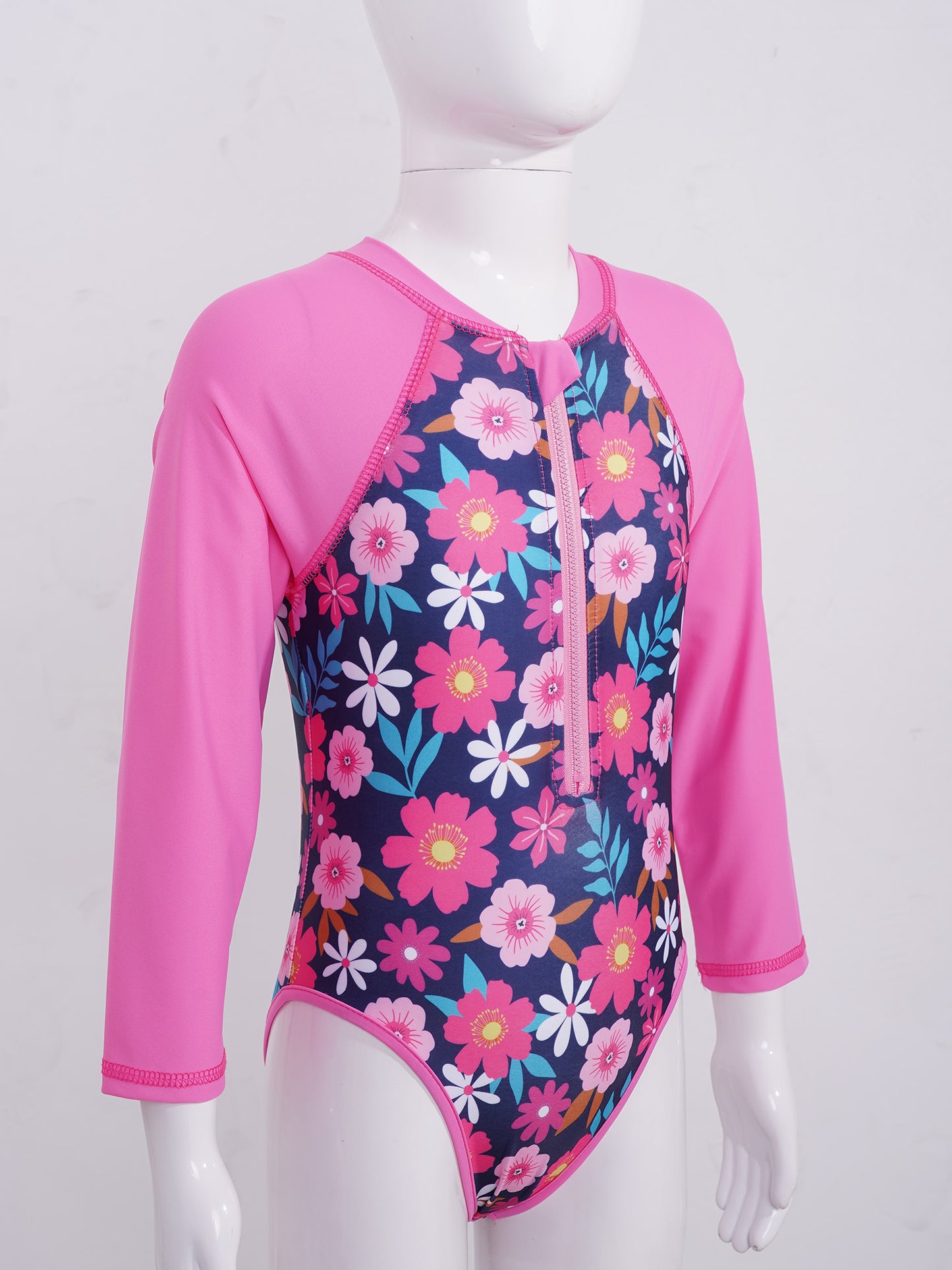 Summer Swimming One-piece Kids Girls Swimsuit Rash Guard Long Sleeves Palm Printed Zippered Bathing Suit Swimwear Beach Wear