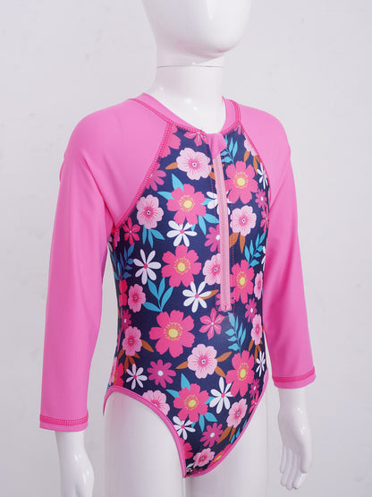 Summer Swimming One-piece Kids Girls Swimsuit Rash Guard Long Sleeves Palm Printed Zippered Bathing Suit Swimwear Beach Wear