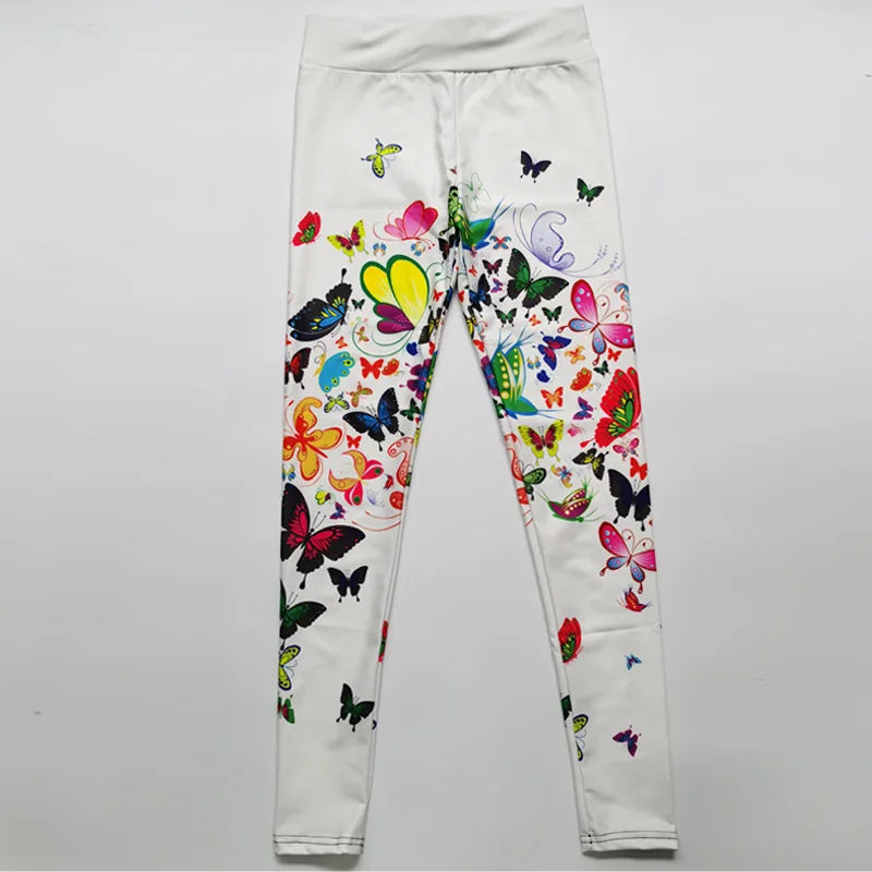FCCEXIO High Waist Fitness Elastic Leggings Ink Painting Flowers 3D Print Leggins Casual Workout Sport Pants