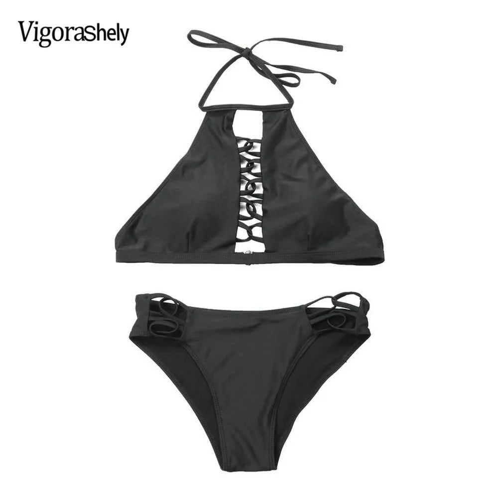 Swimwear Women Black Hollow Bikini Set Push Up Swimsuit Female Brazilian Bathing Suit XL