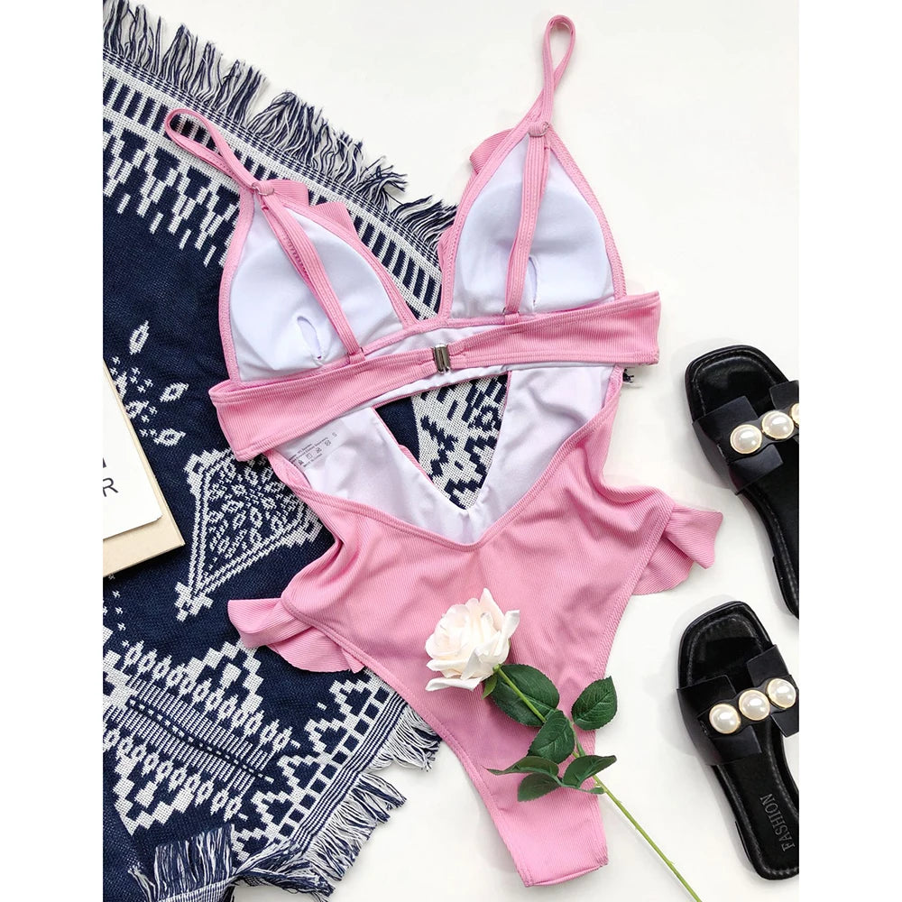 Ruffle One Piece Swimsuit Deep V Hollow Swimwear Women Backless Monokini Solid Bathing Suit Beachwear