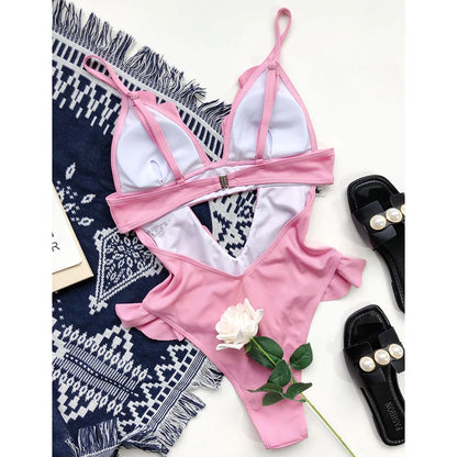 Ruffle One Piece Swimsuit Deep V Hollow Swimwear Women Backless Monokini Solid Bathing Suit Beachwear