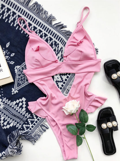 Ruffle One Piece Swimsuit Deep V Hollow Swimwear Women Backless Monokini Solid Bathing Suit Beachwear