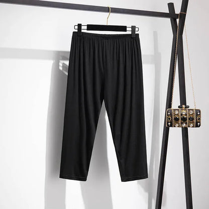 165Kg Plus Size Women's Summer Loose High-Waist Bottoming Cropped Trousers 5XL 6XL 7XL 8XL 9XL Thin Slimming Leggings Black