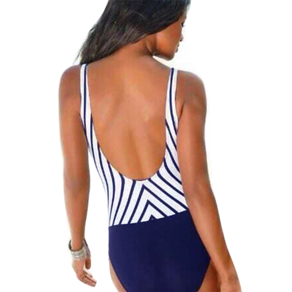 Vintage Swimsuit Women Plus Size One Piece Swimwear Deep V Striped Backless Bathing Suit Tummy Control Monokini Beach