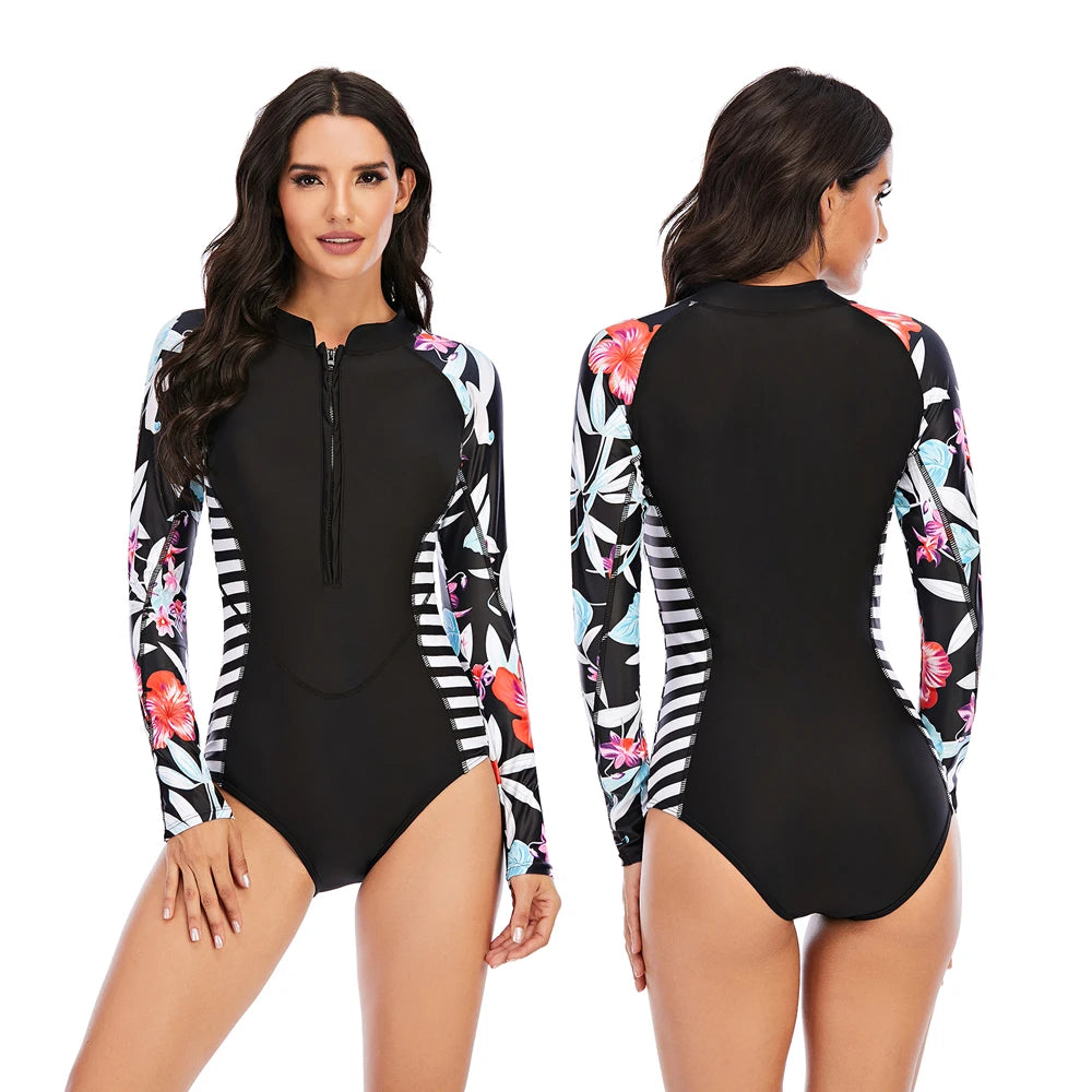 Women 2XL Diving Rashguard Long Sleeve UV Sun Protection Swimsuit Zipper Swimwear Printed Surfing Suit Rash Guards Bathing Suit