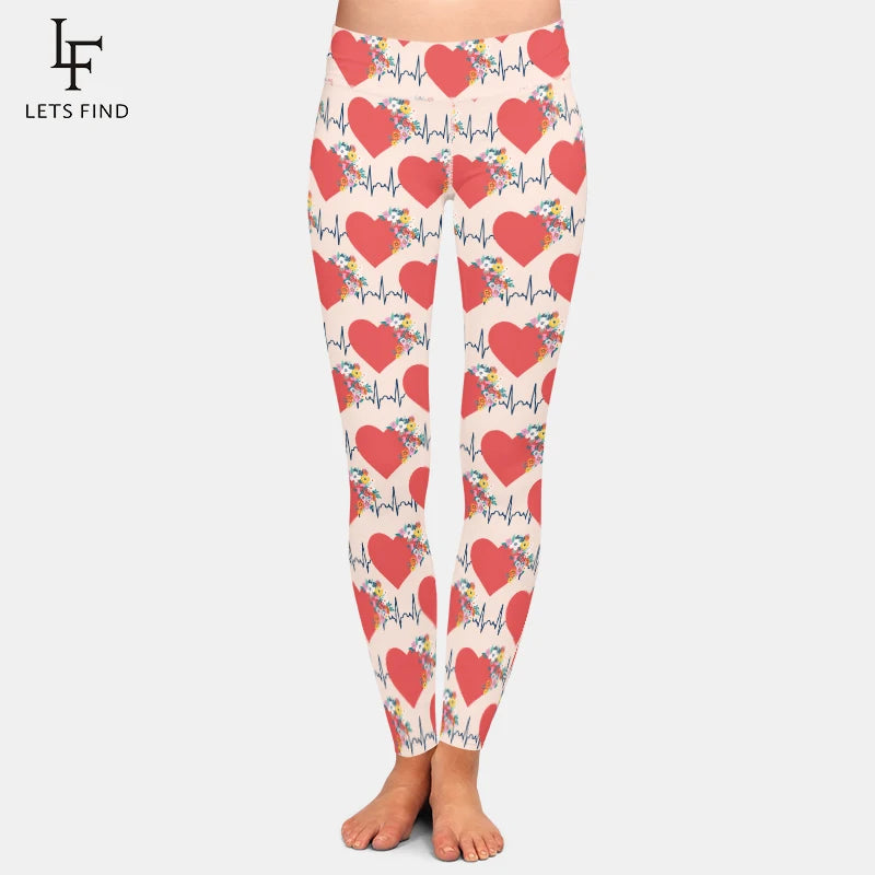 Women's Slim Leggings Colorful Hearts Print High Waist Comfortable Fitness Leggings