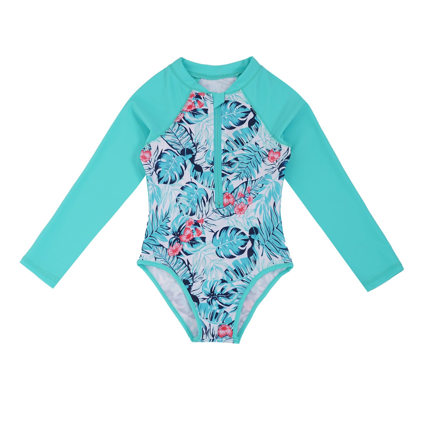 Summer Swimming One-piece Kids Girls Swimsuit Rash Guard Long Sleeves Palm Printed Zippered Bathing Suit Swimwear Beach Wear
