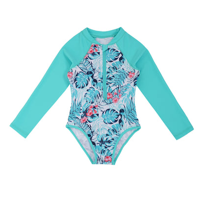 Summer Swimming One-piece Kids Girls Swimsuit Rash Guard Long Sleeves Palm Printed Zippered Bathing Suit Swimwear Beach Wear
